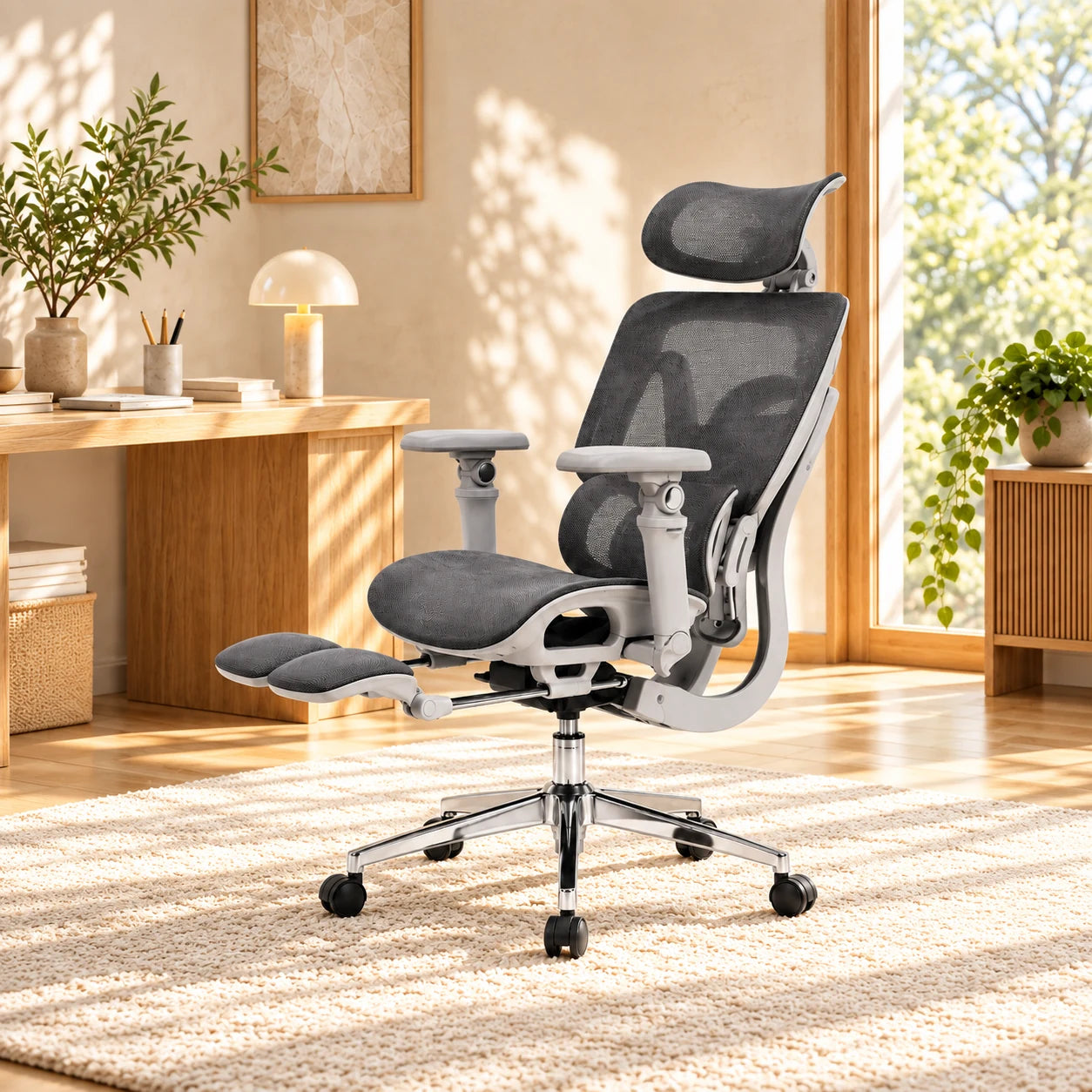 Fauteuil ergonomique gris Novaé dans un bureau lumineux en bois clair.